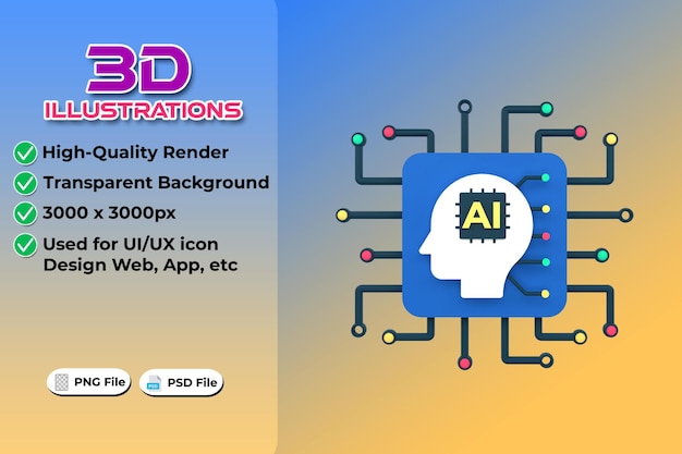 Kunstmatige intelligentie moderne computing concept 3D-rendering geïsoleerd op transparante achtergrond Ui UX pictogram ontwerp web en app trend