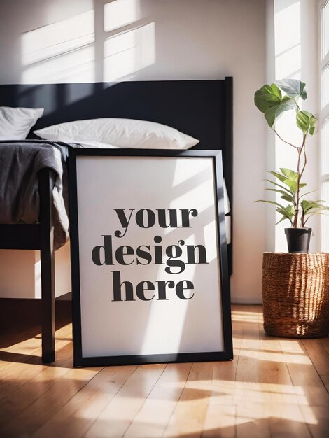 PSD kunstwerk frame interieur render in poster mockup met ingelijste illustratie