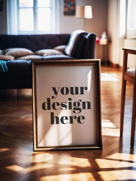 PSD kunstwerk frame interieur render in poster mockup met ingelijste illustratie