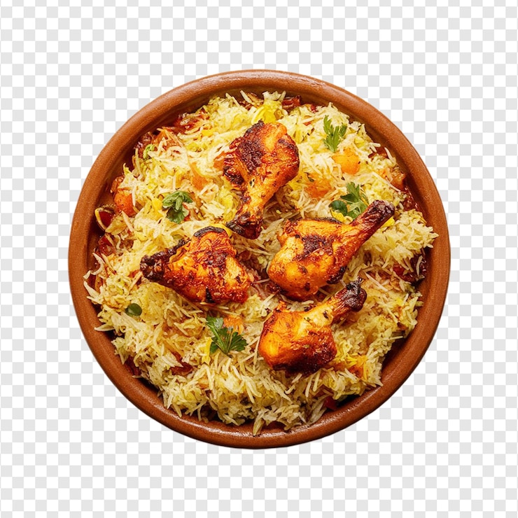 PSD kurczak biryani z kawałkiem kurczaka w misce izolowany na przezroczystym tle przez ai generative