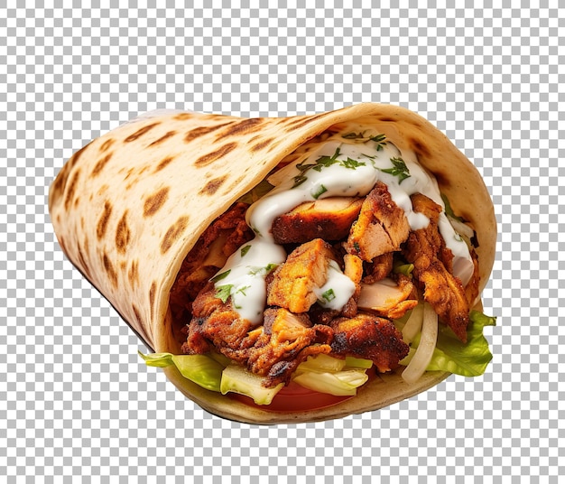 PSD kurczak shawarma z cebulą, sałatką pomidorową i sosem na białym tle