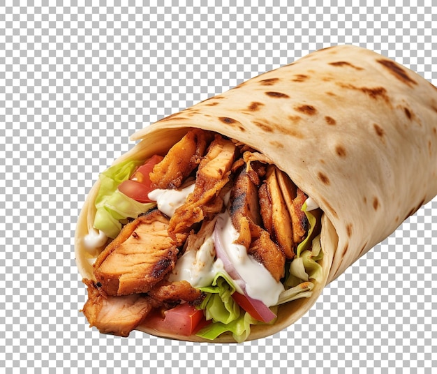 PSD kurczak shawarma z cebulą, sałatką pomidorową i sosem na białym tle