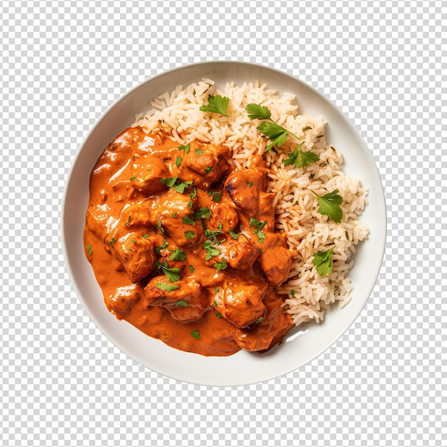 Kurczak Tikka Masala Curry I Ryż Na Talerzu Odizolowany Na Przezroczystym Tle