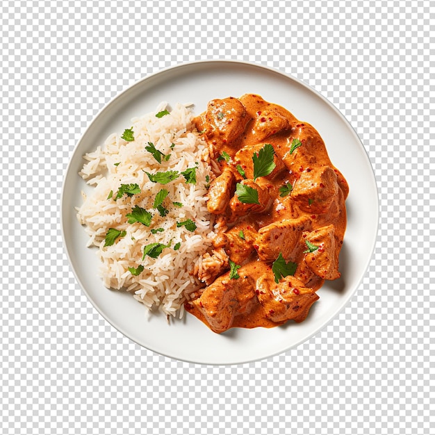 Kurczak Tikka Masala Curry I Ryż Na Talerzu Odizolowany Na Przezroczystym Tle