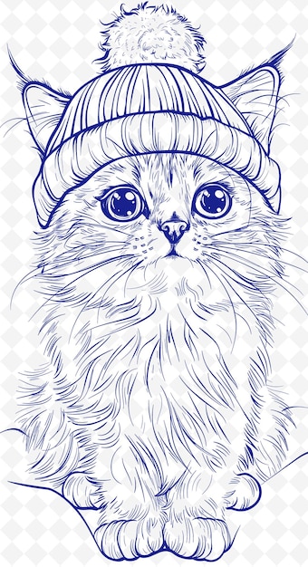 PSD 귀여운 익스프레스 동물 스케치 아트 터 컬렉션과 함께 폼폰 모자를 입은 쿠릴리아 테일 고양이
