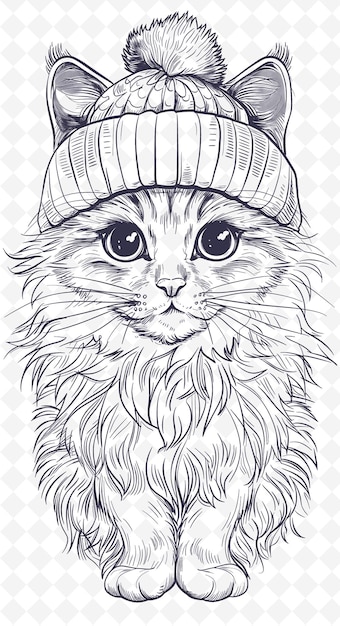 PSD kurilian bobtail cat indossa un cappello pompom con un carino expres animals sketch art vector collections