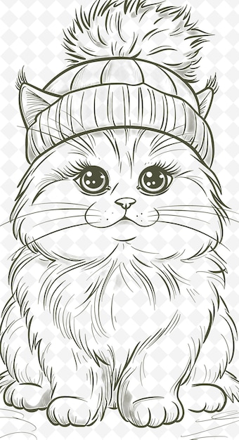 PSD kurilian bobtail cat wearing a pompom hat with a cute expres animals sketch art vector collections