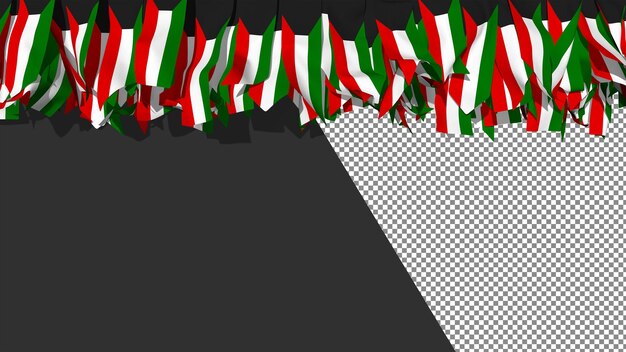 PSD クウェートの国旗の異なる形状の布のストライプが上部の 3 d レンダリングからぶら下がっています