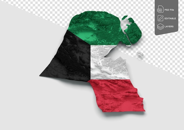 Mappa del kuwait bandiera del kuwait mappa dell'altezza del colore in rilievo ombreggiato su sfondo bianco illustrazione 3d