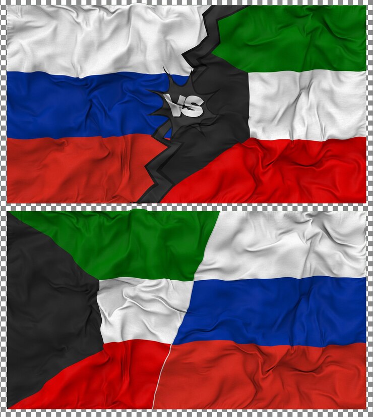 PSD kuwait vs russia half combined flag cloth bump texture 3d rendering