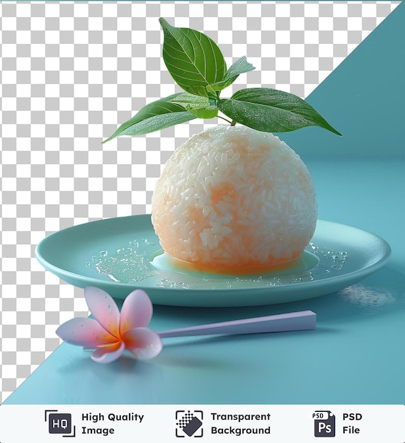 PSD kuzumochi ice cream served on a white plate adorned with a pink flower and green leaf placed on a blue table against a blue wall