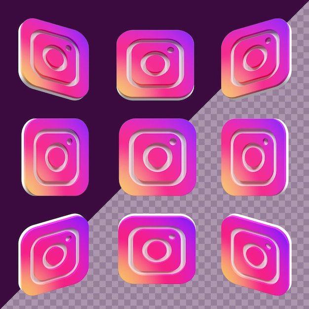 PSD kwadratowa nowoczesna ikona instagram 3d ustawiona pod różnymi kątami na białym tle