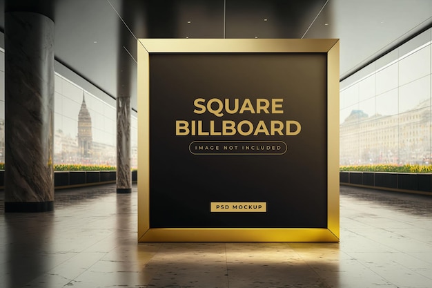 Kwadratowy billboard jest pokazany w dużym pokoju z dużym miastem w tle.