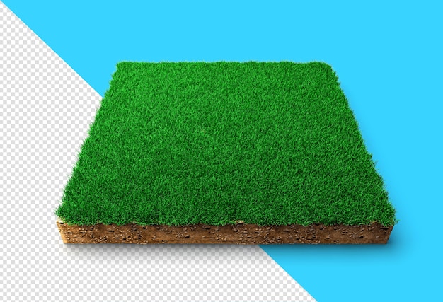 PSD kwadratowy przekrój geologii ziemi z zieloną trawą ziemią, błotem odciętym na białym tle ilustracja 3d