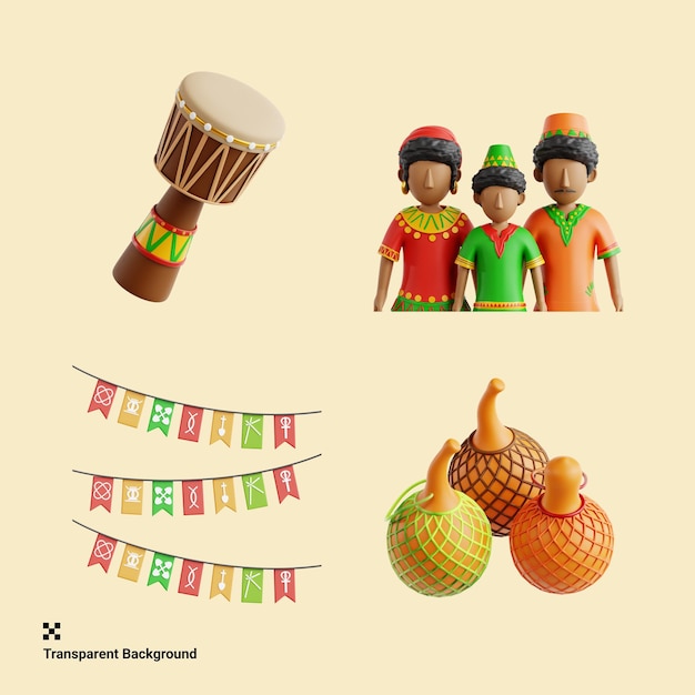 Kwanzaa 3D 아이콘 드럼 가족 장식 가란드 고구마 과일
