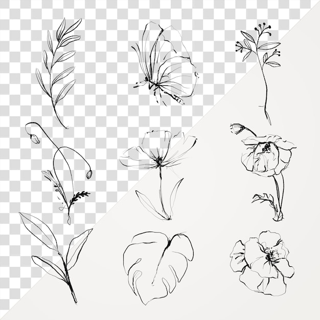 Kwiat tatuaż png zestaw prosty projekt doodle remiksowany z vintage obrazów domeny publicznej