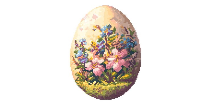PSD kwiatowe malowane jajko z pastelowymi kwiatami pixel art izolowane na przezroczystym tle