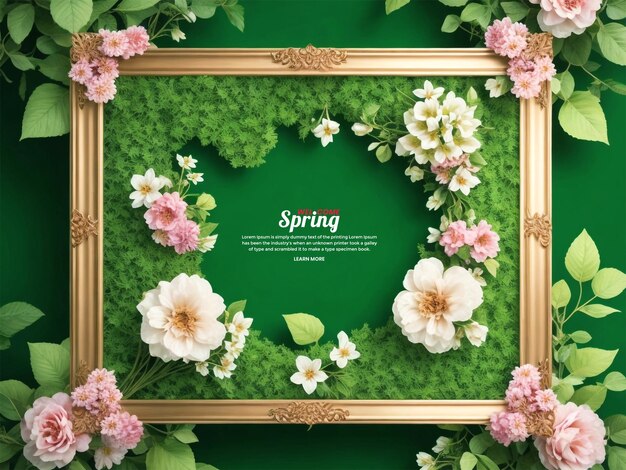 PSD kwiatowy kwiatowy kartka zaproszenia kwadratowa ramka z kwiatami i zielonym tłem