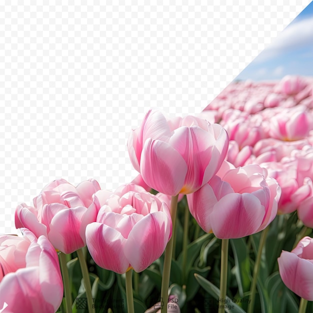 PSD kwitnące kwiaty tulipanów w polu parku różowe i białe kolory malowniczy widok