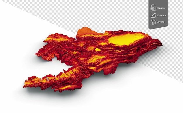 PSD キルギスタン地図国旗色の赤と黄色の陰影立体図 3 d イラスト