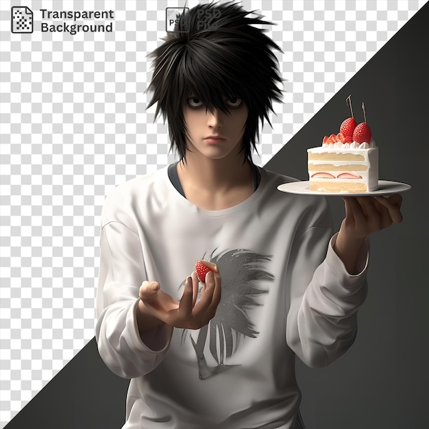 PSD l lawliet from death note holding a white cake with a red cherry wearing a white shirt and black hair with a hand visible in the foreground