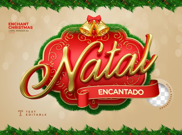Label betoverde kerst 3d render in het portugees voor marketingcampagne in brazilië