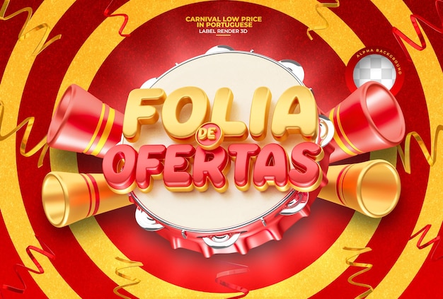 Label carnaval van aanbiedingen in het portugees nee brazilië 3d render tamboerijn realistisch