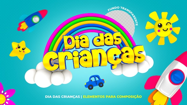 PSD label children's day 3d render for composition in brazil template design in portuguese