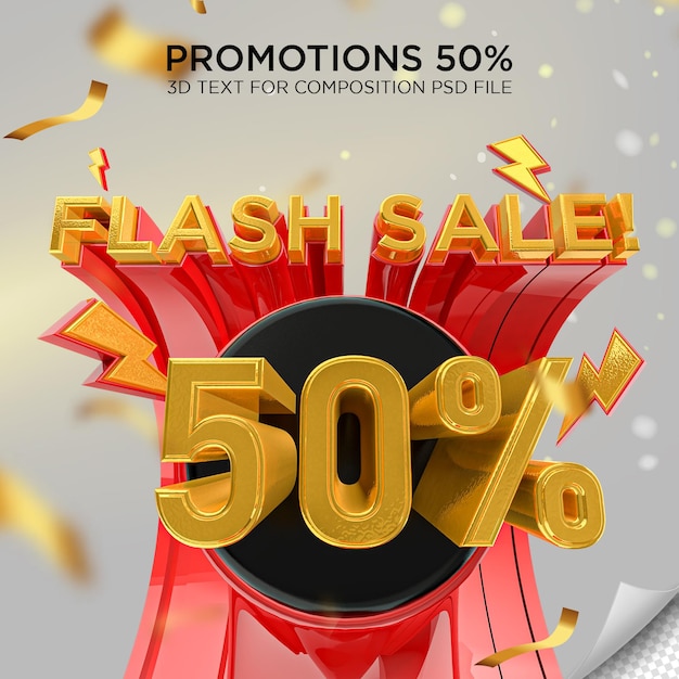 Etichetta la vendita flash fino a 50 di sconto sul file psd di rendering 3d