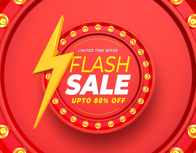 PSD etichetta flash sale fino all'80% di sconto con rendering 3d di raggi e luci