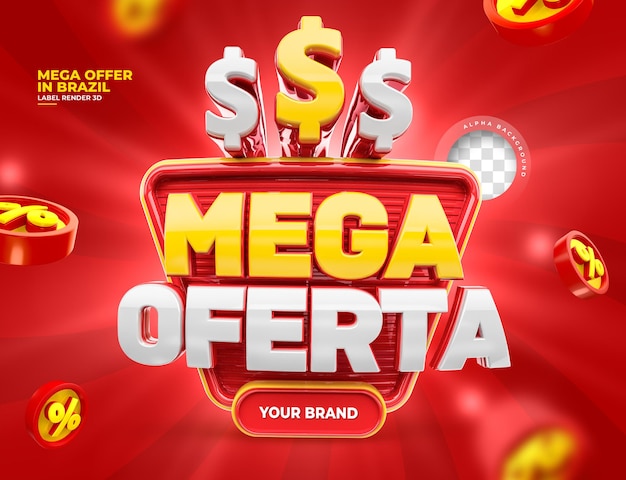 Label Mega-aanbiedingen voor marketingcampagne in het Portugese 3d render-ontwerp van Brazilië