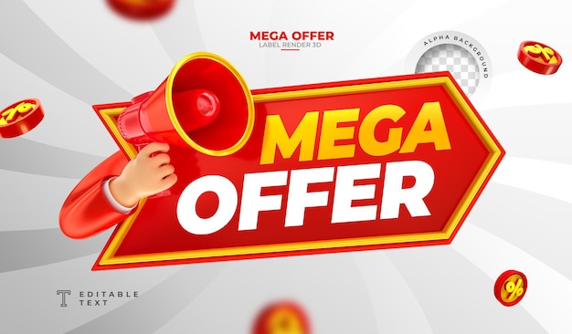 PSD label mega biedt 3d render met megafoon en hand in cartoonsjabloonontwerp