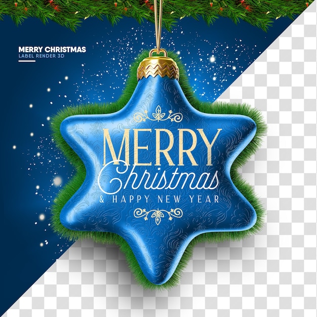 PSD label merry christmas in realistic christmas star shape on transparent background