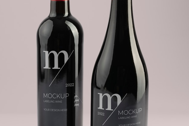Design mock-up di etichette per bottiglie di vino in vetro