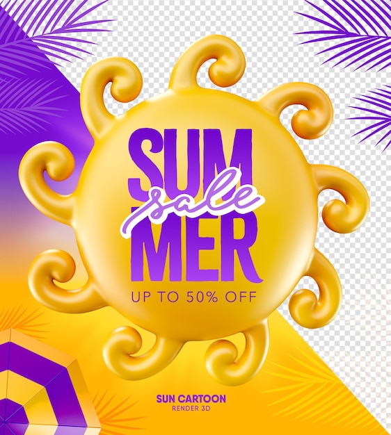 PSD label summer sale sun 3d render banner template design up to 50 off