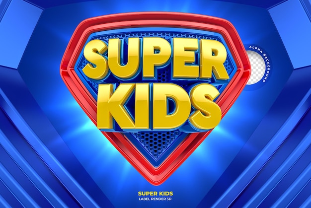 Etichetta in formato super eroe con nome super kids in rendering 3d realistico