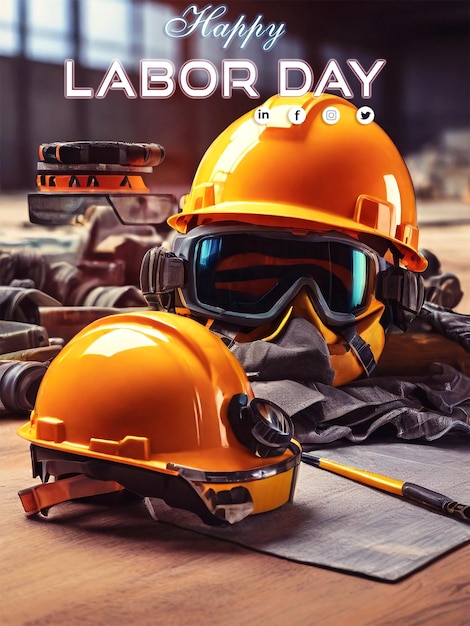 PSD labor day banner design met een hoed van een bouwvakker