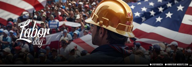 Banner della festa del lavoro con un lavoratore in un cappello di sicurezza con un popolo e una bandiera sullo sfondo