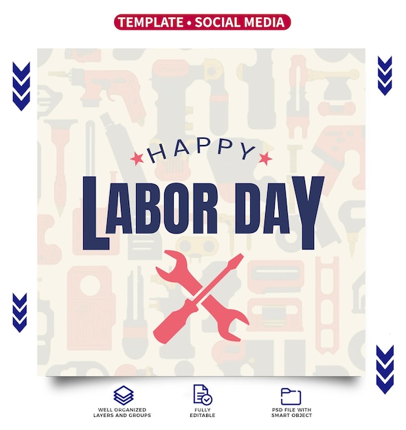 PSD labor day card tools icon united states of america map