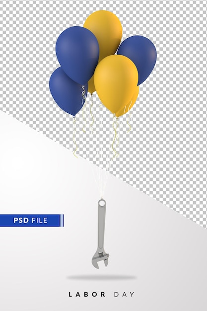 PSD Празднование дня труда с воздушными шарами, плавающими с гаечным ключом, 3d визуализация