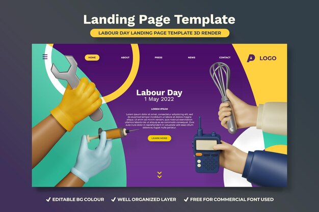 Labor day landing pagina sjabloon 3d render