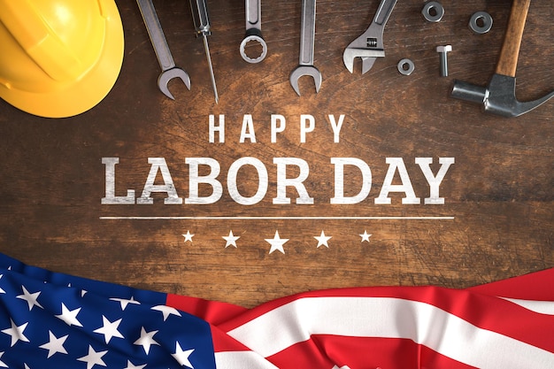 PSD labor day mockup with hand tools and american flag