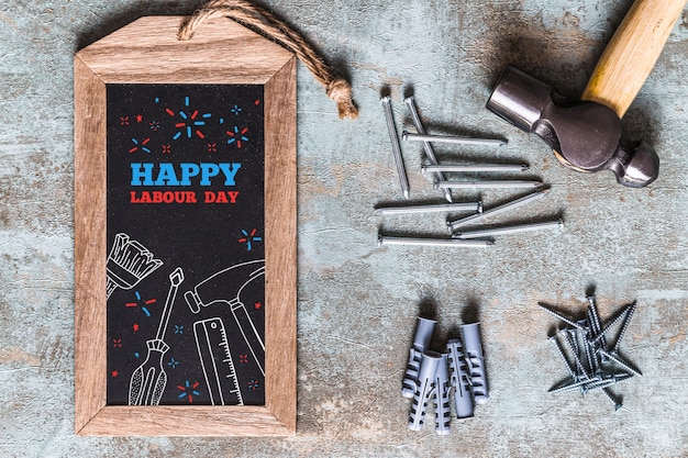 PSD labor day mockup with slate and tools