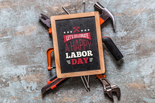 PSD labor day mockup with slate and tools