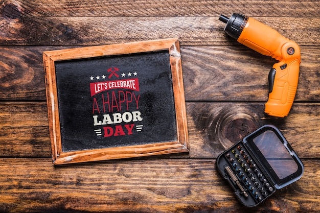 Labor day mockup with slate and tools