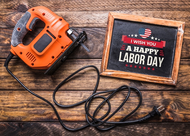 PSD labor day mockup with slate and tools