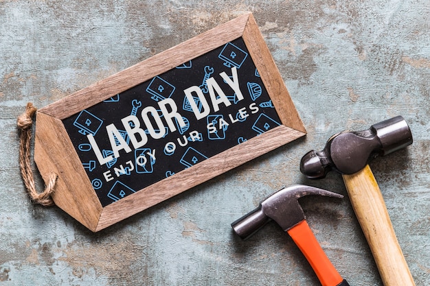 Labor day mockup with wooden board and tools