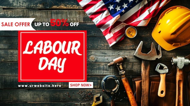 PSD labor day sell banner design with usa flags background