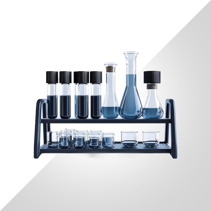 PSD laboratory glassware and equipment with blue liquids