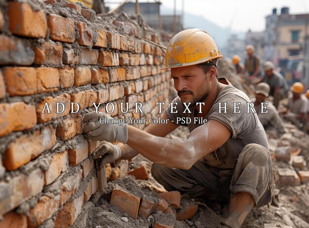 PSD laborer fixing wall bricks construction